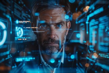 Imagine a visual narrative featuring a businessman encircled by virtual cyber security technology and online data protection mechanisms within a global business network server
