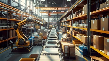 Naklejka premium Streamlined in Modern Factories: A Panoramic View of an Automated Packaging Line