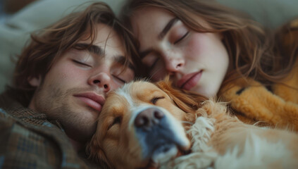 A Man and a Woman Sleep Together with Their Dog extreme closeup. Generative AI