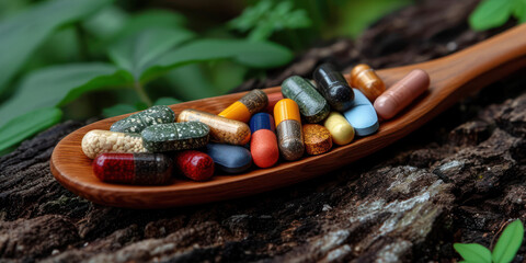 Wooden Spoon with Different Kinds of Pills and Herbal Vitamins extreme closeup. Generative AI