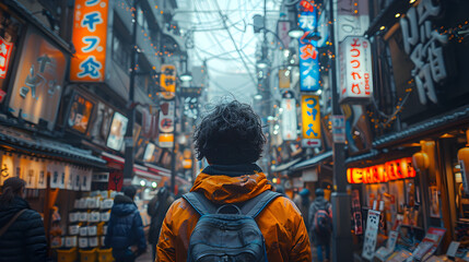 Naklejka premium A back view of a teenager school boy in Tokyo