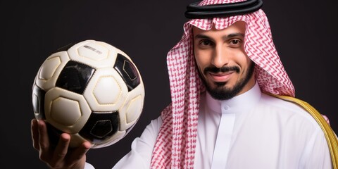 Vibrant picture capturing a young Arab man clutching a football, embodying the spirit of athleticism and camaraderie.