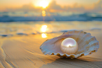 pearl on shell in a beach generated by AI