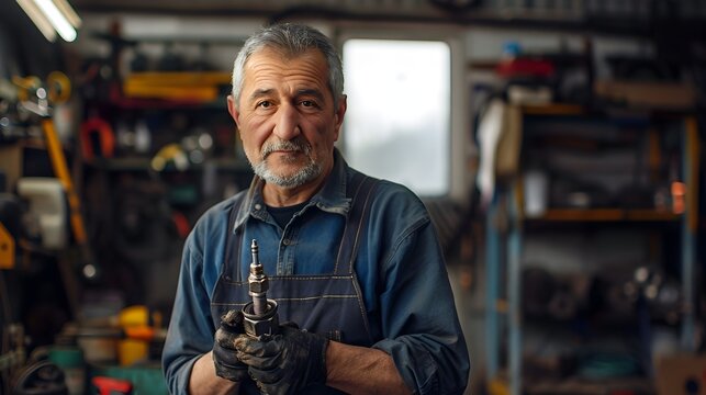 Seasoned Mechanic's Greased Hands Hold Pride: A Workshop Portrait