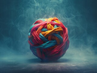  a colorful yarn ball made of red, blue and yellow yarn. The yarn ball is sitting on a reflective surface with smoke or mist around it.