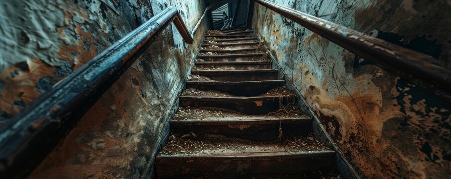A chilling scene depicting a scary descent of stairs leading to a dimly lit basement, evoking a sense of suspense and foreboding.