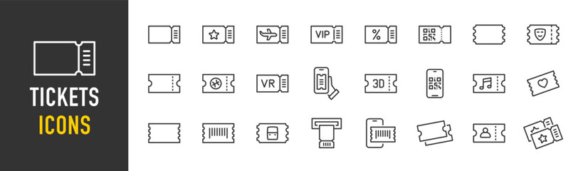 Ticket web icons in line style. Coupon, plane, train, qr code, cinema, music, theater, sport, collection. Vector illustration.
