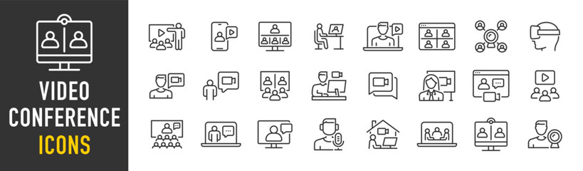 Video Conference web icons in line style. Webinar, online event, webcast, speaker, call, meeting, chat, collection. Vector illustration.