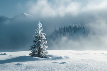 A single pine tree standing tall in the snow on top of an alpine hill. Misty fog rolling over the horizon. A snow-covered the landscape.
