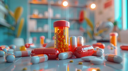 a variety of pills and capsules spilled on a table with a pharmacy in the background