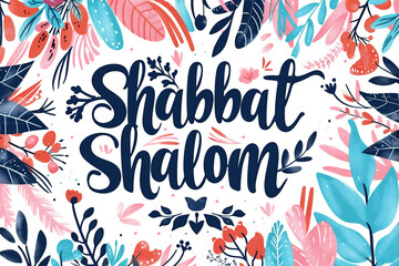 Shabbat Shalom or Shabbat of peace in Hebrew. Hand written text on colorful floral background. Hand lettering typography for greeting card, banner, decoration, poster.