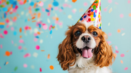 Happy cute dog wearing a party hat celebrating at a birthday party, surrounding by falling confetti, generative ai
