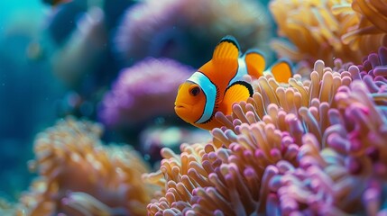 Clownfish swimming gracefully among colorful coral reefs , 3D ,ultra HD,digital photography