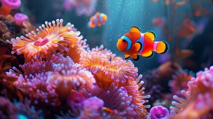 Naklejka na ściany i meble A peaceful underwater scene featuring vibrant sea anemones and colorful clownfish ,close-up,ultra HD,digital photography