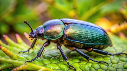 Fototapeta premium A closeup shot of a beetle on a green leaf with blurred background
