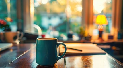 Close-up of a coffee mug on a clutter-free desk, surrounded by work essentials, evoking a focused and energized atmosphere.