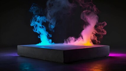 A concrete block with colorful smoke coming out of it, illuminated by blue and red lights. - Powered by Adobe