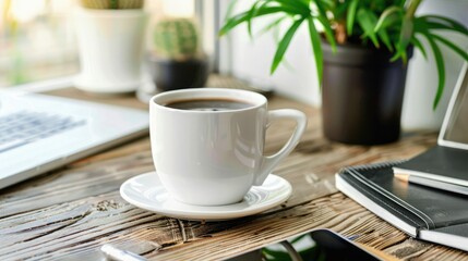 Close-up of a coffee mug on a clutter-free desk, surrounded by work essentials, evoking a focused and energized atmosphere.