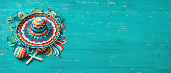 Mexican sombrero and maracas paper art on turquoise wooden planks, perfect for cultural festival flyers with plenty of copy space