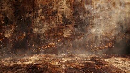 A room with a wooden floor and a wall with a lot of paint on it. The room is empty and has a lot of smoke in the air