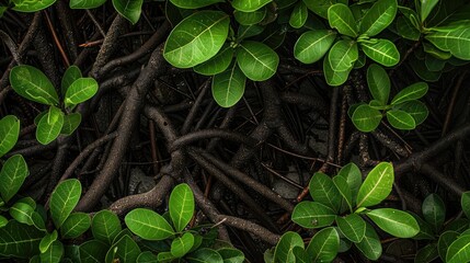 Close-up of mangrove leaves and roots, showcasing the intricate beauty and resilience of coastal wetland systems.