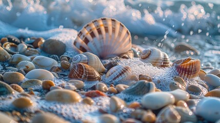 Close-up of seashells and pebbles washed up by the waves, forming a picturesque scene on a tranquil summer beach.