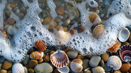 Close-up of seashells and pebbles washed up by the waves, forming a picturesque scene on a tranquil summer beach.