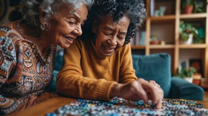 A smiling female caregiver aids a senior woman with a puzzle at home, depicting companionship and assistance. - obrazy, fototapety, plakaty