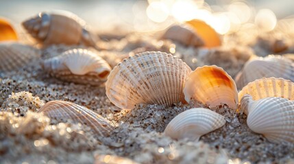 Close-up of seashells partially buried in the sand, their smooth surfaces reflecting the warmth of the summer sun.