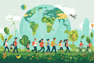 World Environment Day. Group of individuals walking amidst natural landscape, admiring the globe. Generative AI
