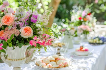 A table is set with a variety of desserts and flowers, creating a warm and inviting atmosphere. The table is covered with white tablecloths and plates