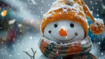 Snowman with a carrot nose, hat, scarf, coal buttons, and stick arms standing outside on a winter's day. Concept of winter, snow, and childhood. Shallow field of view.