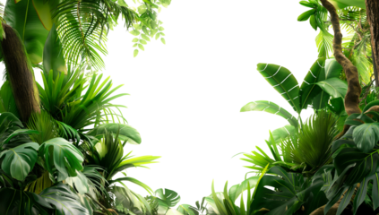 Frame of tropical plants growing on tree trunks with copy space isolated on white or transparent background