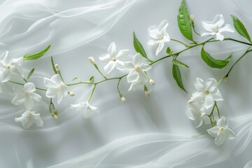 Whimsical jasmine flowers with elegant shapes on a transparent white surface, symbolizing purity and beauty