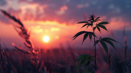 marijuana leaf Silhouettes at Sunset - obrazy, fototapety, plakaty
