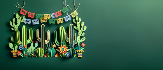 Paper art cactuses and vibrant papel picado banner on a dark green background, perfect for festive Mexican event flyers and advertisements with ample copy space