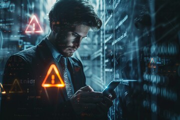 Visualize a captivating image featuring a businessman engrossed in his mobile smartphone, facing a virtual warning sign indicating caution regarding economic investment risks - obrazy, fototapety, plakaty