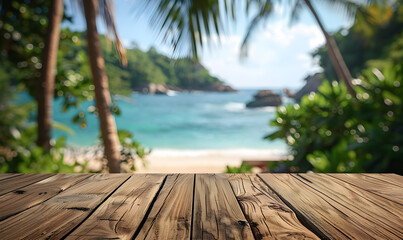 Blurred tropical beach landscape on wooden table top for product display or montage.