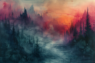 Ethereal fog drifting through a labyrinth of abstract forms, shrouding the landscape in a veil of...