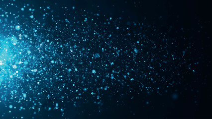 A dynamic wave of luminous particles flying horizontally. Sparkling bright particles fly in space. Shimmering particles with bokeh effect. 3D Vector illustration