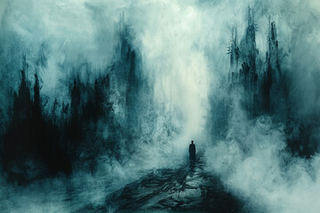 Ethereal fog drifting through a labyrinth of abstract forms, shrouding the landscape in a veil of enigmatic beauty.