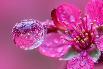 A pink flower with a droplet of water on it