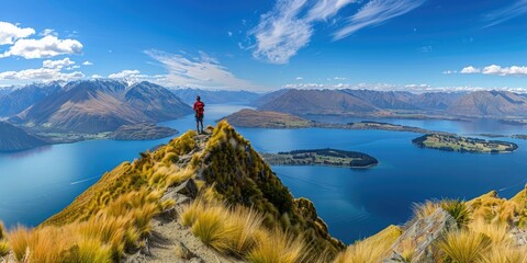 Person Landscape. Roys Peak Mountain Hike in Wanaka New Zealand. Popular Tourism Travel Destination - obrazy, fototapety, plakaty