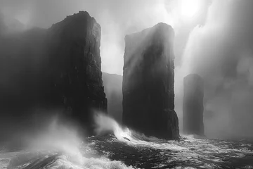 Wandcirkels tuinposter Ethereal mist swirling around abstract monoliths, shrouding the landscape in a veil of enigmatic beauty. © Ateeq