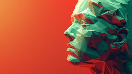 A 3D rendering of a human head in a low poly style. The head is turned to the side and the face is expressionless. The colors are red and green.