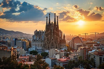 Beauty of Barcelona skyline featuring Sagrada Familia, Ai Generated - obrazy, fototapety, plakaty
