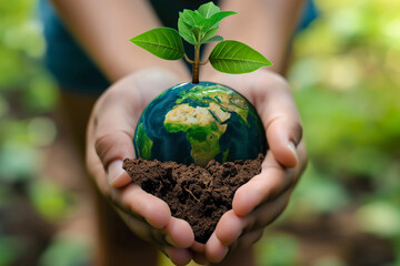 World Environment Day.Person holding globe with plant growing represents harmony of people in nature. Generative AI