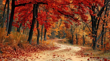 Fall Colors in the Forest: Autumn Trees and Orange Leaves on Pathway - Powered by Adobe