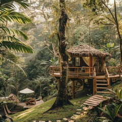  A treehouse in the middle of a lush green jungle.