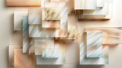 Abstract 3D illustration of geometric rectangles frosted glass, marble, gold overlay by soft pastel tone for background, decorative in concept luxury, modern, minimal.
